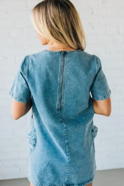 Bow Accent Denim Shift Dress