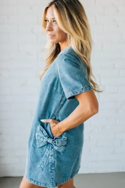 Bow Accent Denim Shift Dress
