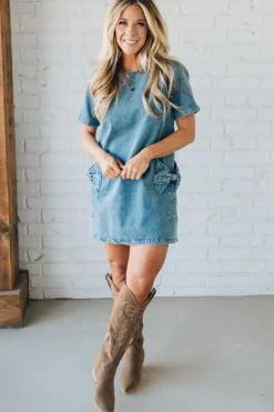 Bow Accent Denim Shift Dress