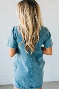 Bow Accent Denim Shift Dress