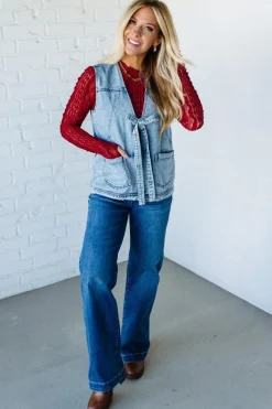 Bow Front Acid Wash Denim Vest