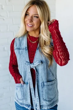 Bow Front Acid Wash Denim Vest