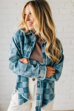 Checked and Fringed Denim Shacket
