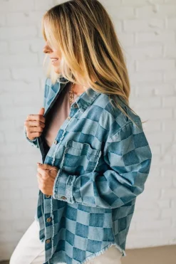Checked and Fringed Denim Shacket