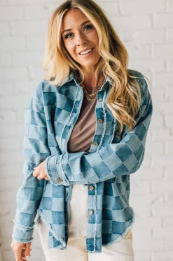 Checked and Fringed Denim Shacket