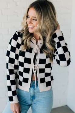 Checker Tie Front Cardigan