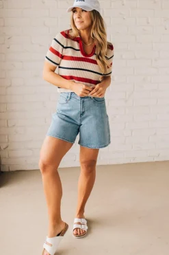 Collared Scallop Trim Stripe Top