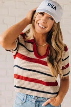 Collared Scallop Trim Stripe Top