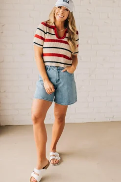 Collared Scallop Trim Stripe Top