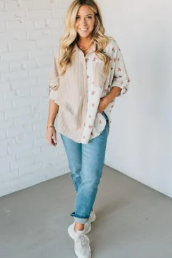 Floral + Striped Contrast Boyfriend Top