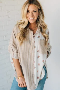 Floral + Striped Contrast Boyfriend Top