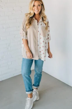 Floral + Striped Contrast Boyfriend Top