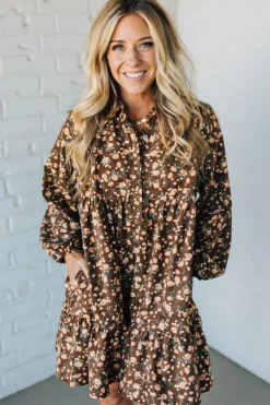 Floral Print Corduroy Tiered Shirt Dress