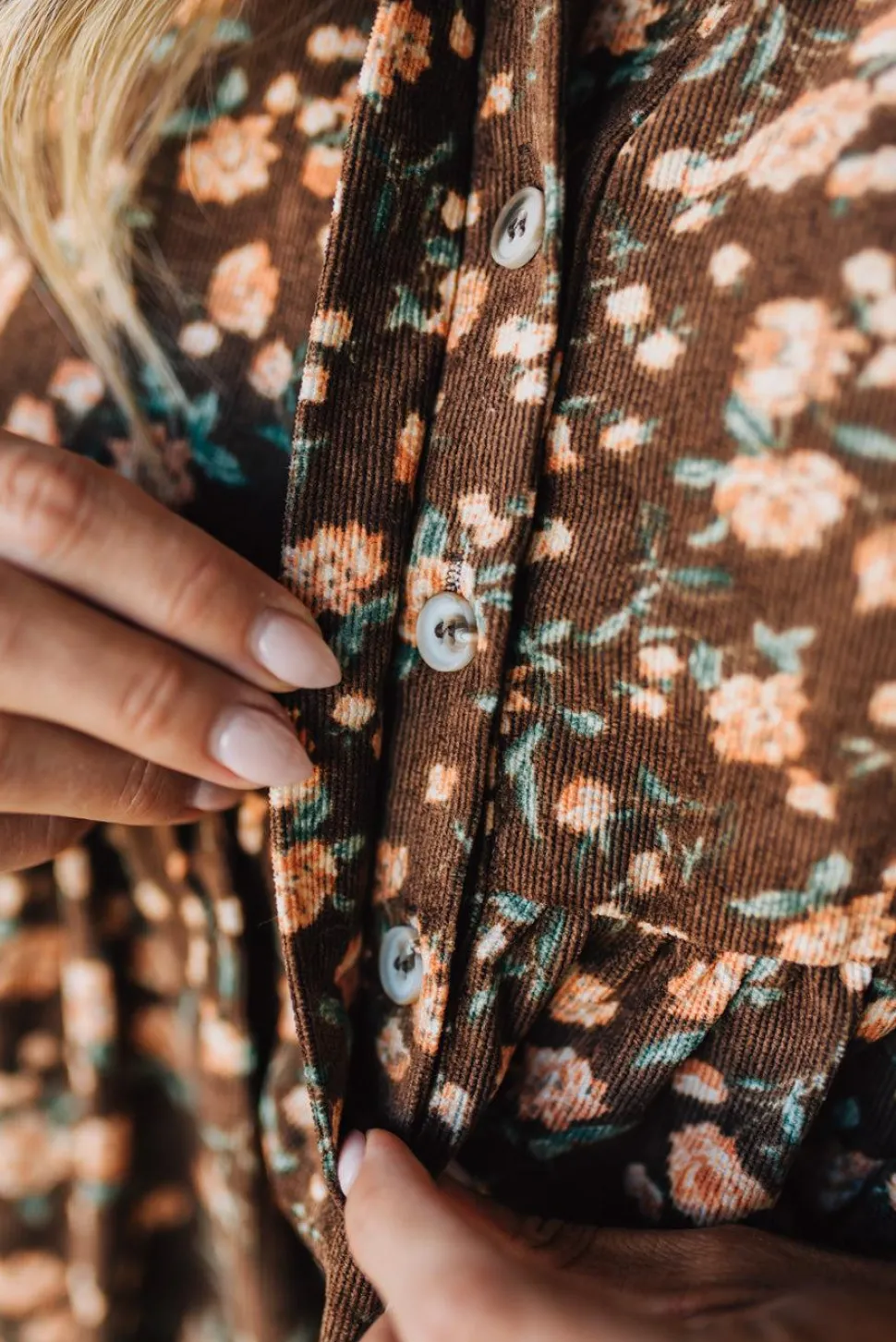 Floral Print Corduroy Tiered Shirt Dress