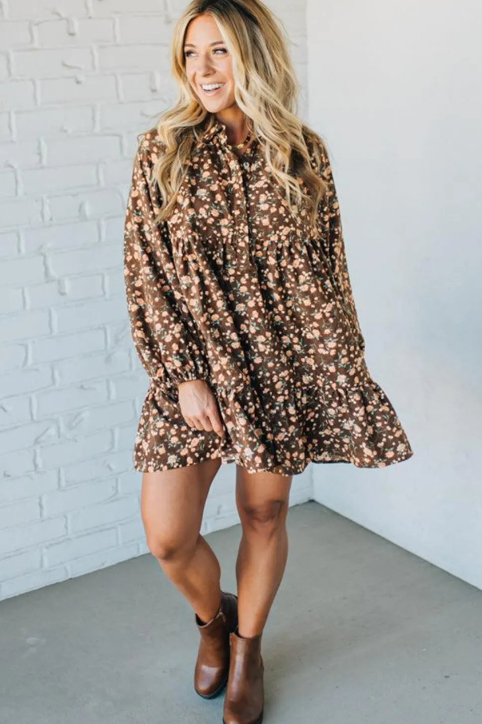 Floral Print Corduroy Tiered Shirt Dress