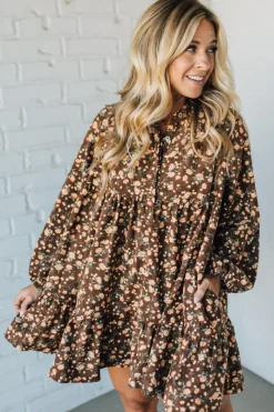 Floral Print Corduroy Tiered Shirt Dress