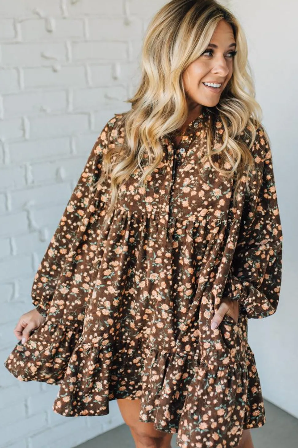 Floral Print Corduroy Tiered Shirt Dress