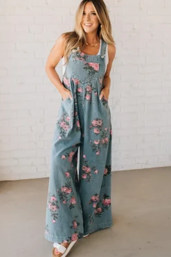 Floral Print Denim Overalls - BIBI