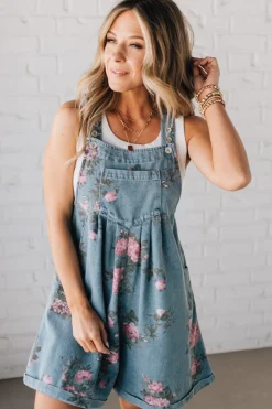 Floral Print Denim Shortalls - BIBI