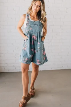 Floral Print Denim Shortalls - BIBI