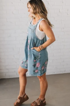 Floral Print Denim Shortalls - BIBI