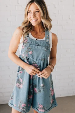 Floral Print Denim Shortalls - BIBI