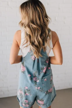 Floral Print Denim Shortalls - BIBI