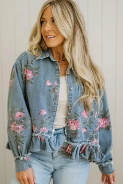 Floral Print Ruffled Denim Jacket