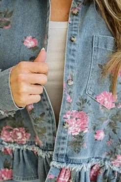 Floral Print Ruffled Denim Jacket