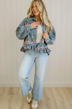 Floral Print Ruffled Denim Jacket