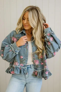 Floral Print Ruffled Denim Jacket