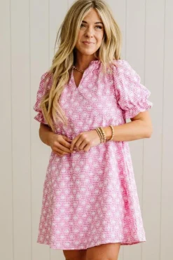 Gingham and Hearts Puff Sleeve Shift Dress