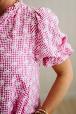 Gingham and Hearts Puff Sleeve Shift Dress