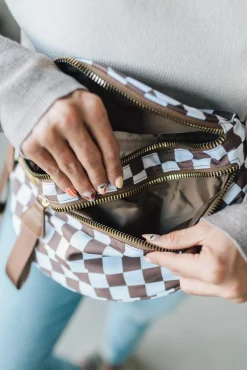 Leena Double Zipper Crossbody Bag | Mocha/White Check