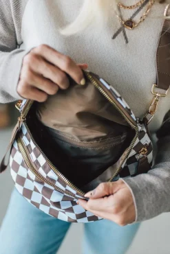 Leena Double Zipper Crossbody Bag | Mocha/White Check