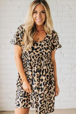 Leopard Tie Back Puff Sleeve Dress
