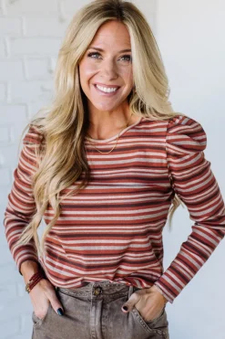 Maizy Multi Striped Baby Rib Top | Rust