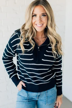 Mary Striped Zip Henley Sweater