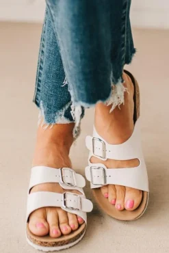 Maura Double Strap Slides | White