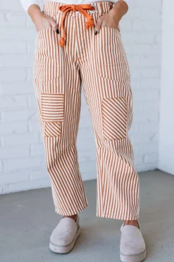 Mia Striped Drawstring Barrel Jeans | Rust - SO ME