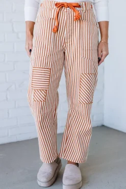 Mia Striped Drawstring Barrel Jeans | Rust - SO ME
