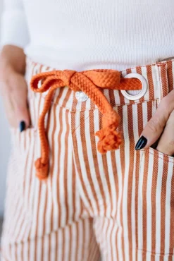 Mia Striped Drawstring Barrel Jeans | Rust - SO ME