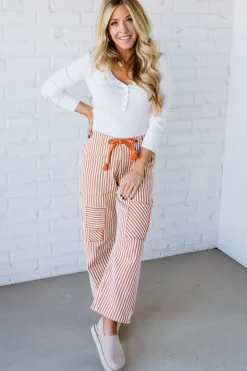 Mia Striped Drawstring Barrel Jeans | Rust - SO ME