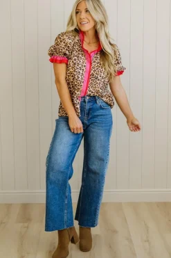 Portia Leopard Contrast Trim Short Sleeve Top
