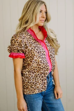 Portia Leopard Contrast Trim Short Sleeve Top
