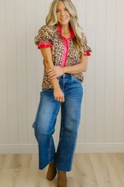 Portia Leopard Contrast Trim Short Sleeve Top