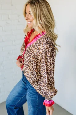 Portia Leopard Contrast Trim Top