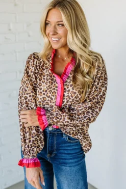Portia Leopard Contrast Trim Top