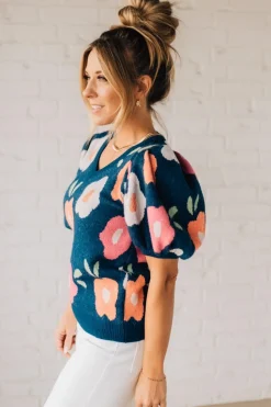 Puff Sleeve Flower Sweater