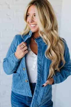 Quilted + Ruffled Lined Denim Jacket